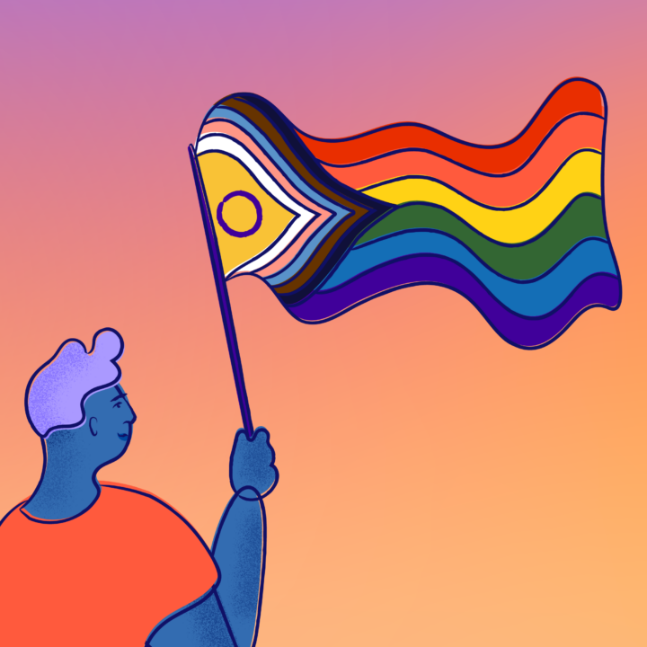 A young person waves the Progress Pride flag.