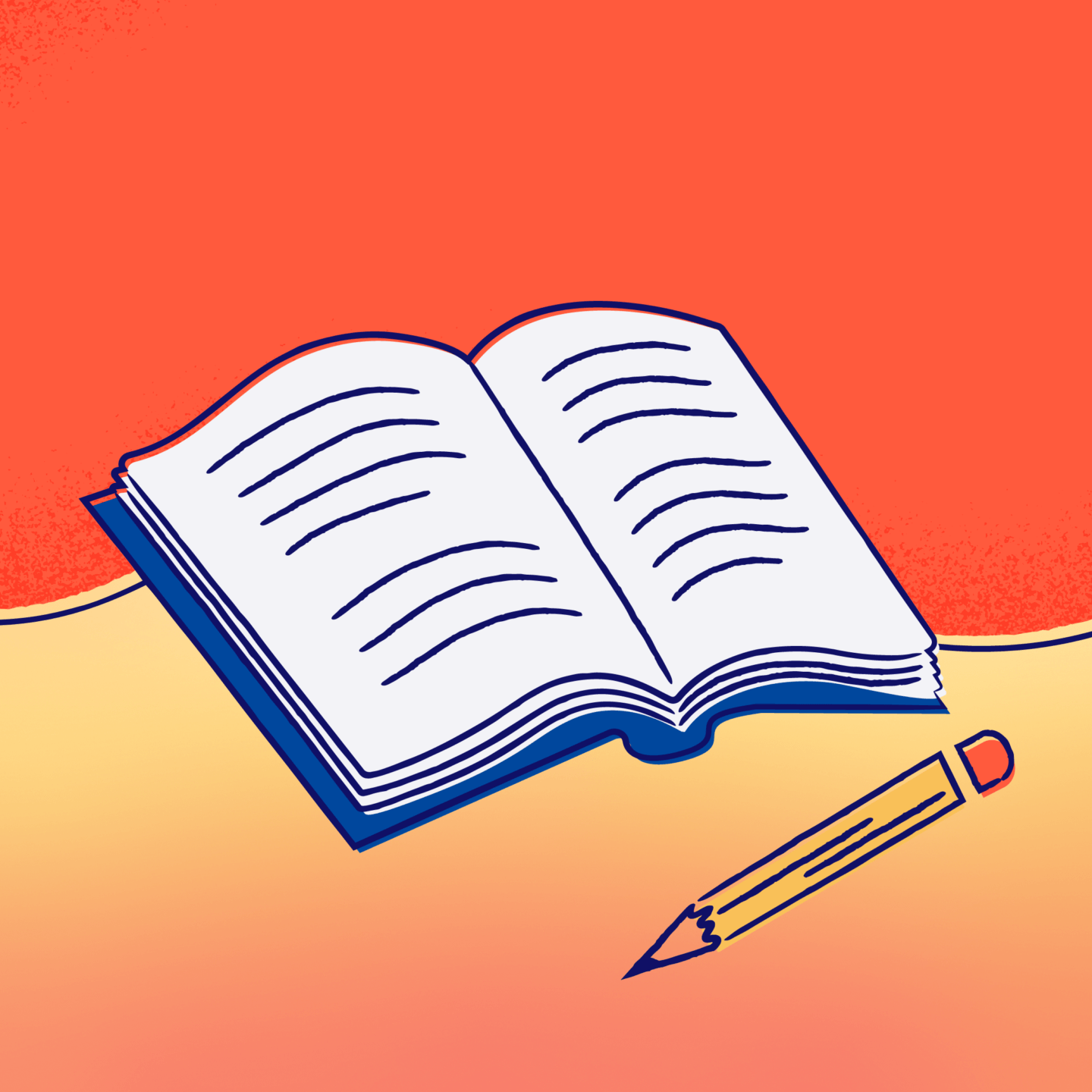 An illustration of a open notebook and a pencil